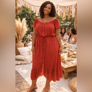 JUST FOUND Rust Red Off-Shoulder Button-Front Midi Dress 2X